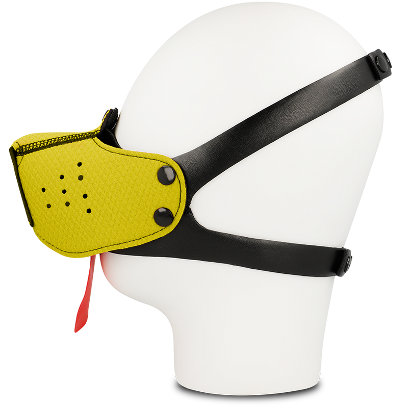 Masque muselière fétichiste jaune à sangle réglable — détail produit