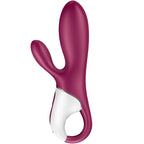 Vibrateur Hot Bunny bordeaux en silicone médical à oreille latérale et anneau de préhension, vue de profil, stimulation point G et clitoris chauffante, deux moteurs connectés Satisfyer