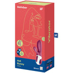 Boîte Satisfyer Hot Bunny saumon avec dessin au trait d'un profil, vibrateur rabbit bordeaux chauffant figuré sur l'emballage Vibrator connecté Bluetooth, double stimulation