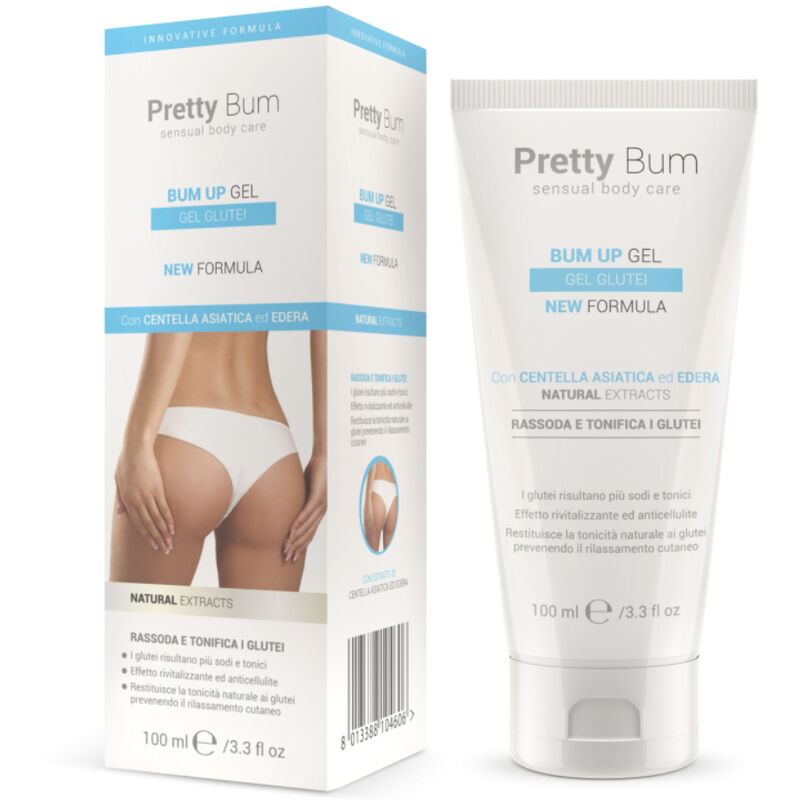 Boite Pretty Bum gel tonique fesses 100 ml et tube blanc, soin a la Centella Asiatica et lierre pour la fermete cutanee, format 100 ml teste dermatologiquement.