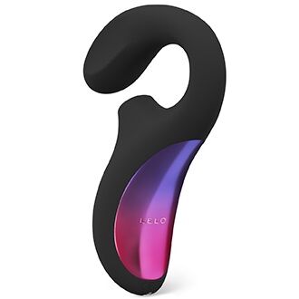 Stimulateur double sonique Lelo Enigma noir, bras courbe pour le clitoris et embout point G, facade degrade violet et rose en silicone, double stimulation simultanee sans contact.