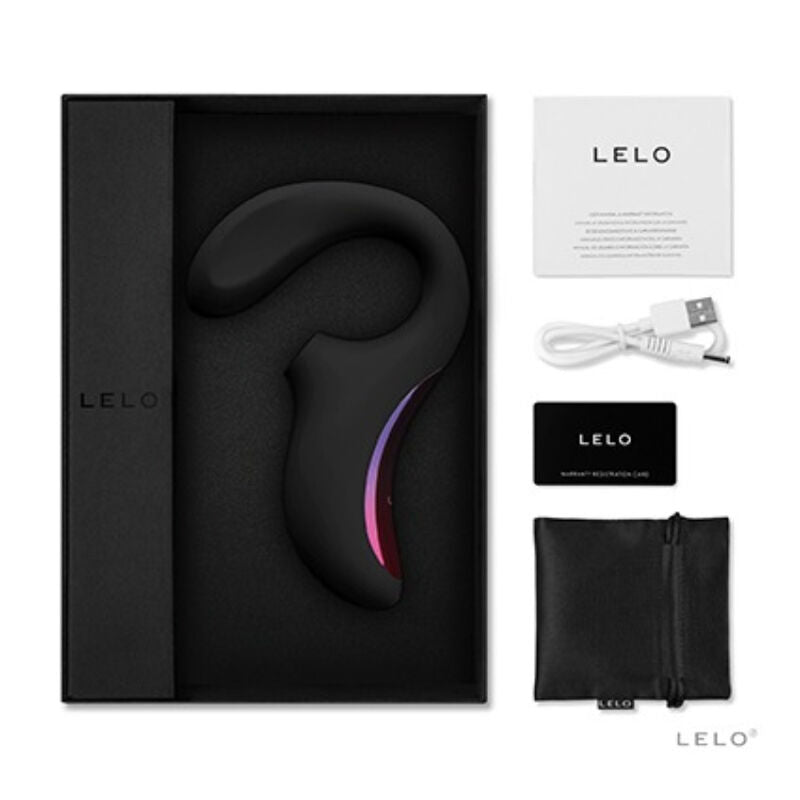 Coffret Lelo Enigma noir ouvert avec notice, cable USB, carte de garantie et pochette satinee, masseur double sonique clitoris et point G en silicone a facade iridescente.