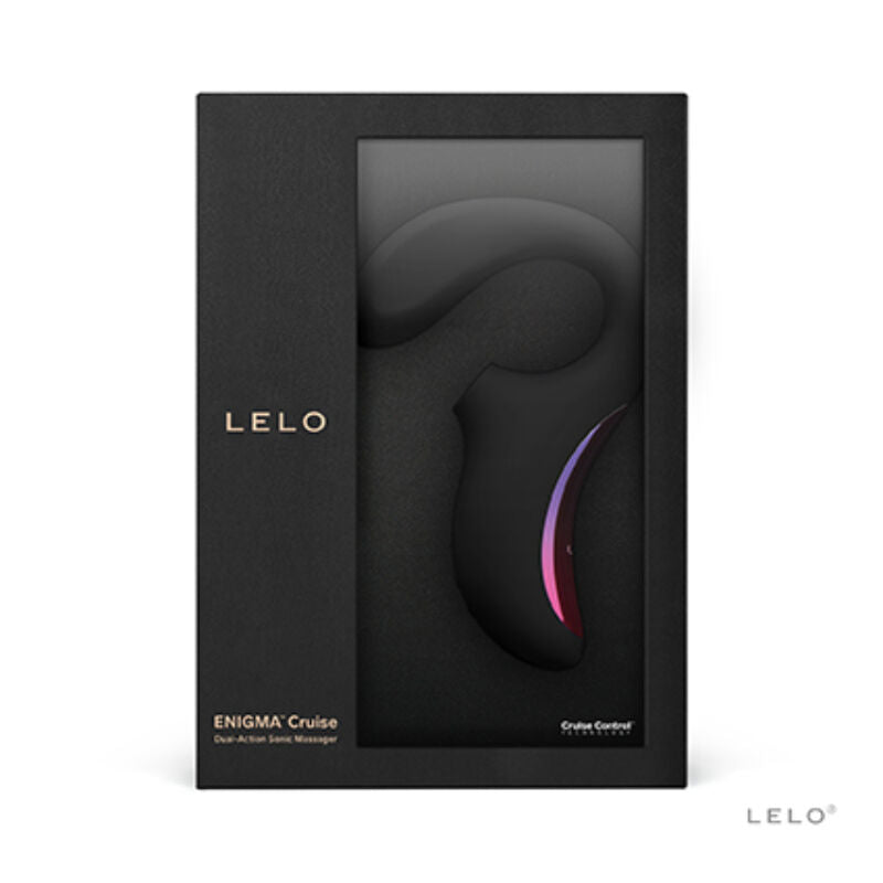 Boite Lelo Enigma Cruise noir de face, masseur sonique a facade iridescente sous fenetre, double stimulation clitoris et point G en silicone, mention dual action sonic massager.