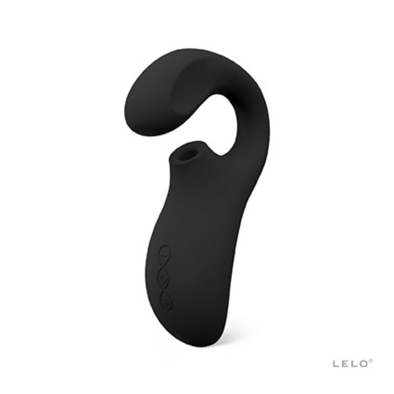 Masseur Lelo Enigma noir de profil, ouverture d'aspiration sonique pour le clitoris et bras incurve point G, silicone doux rechargeable, double action pour orgasmes combines.
