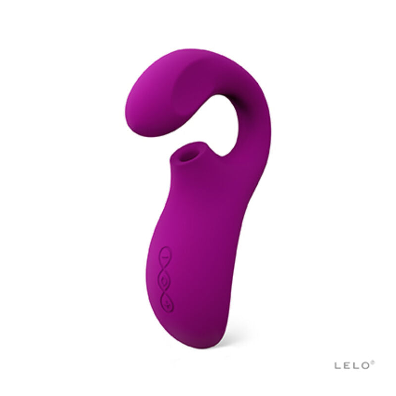 Stimulateur double Lelo Enigma fuchsia de profil, ouverture d'aspiration sonique pour le clitoris et bras incurve point G, silicone doux rechargeable pour double plaisir simultane.