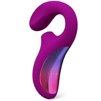 Masseur double sonique Lelo Enigma fuchsia, bras courbe enveloppant le clitoris et embout point G, facade degrade irise en silicone, double stimulation simultanee sans contact direct.
