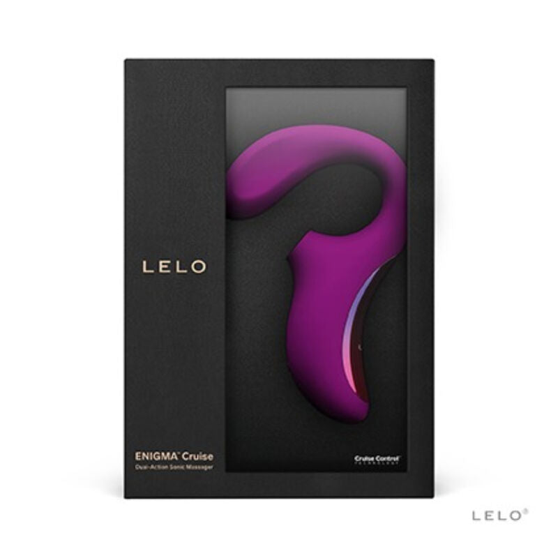Boite Lelo Enigma Cruise de face, masseur sonique fuchsia a degrade irise sous fenetre, double stimulation clitoris et point G en silicone, mention dual action sonic massager.
