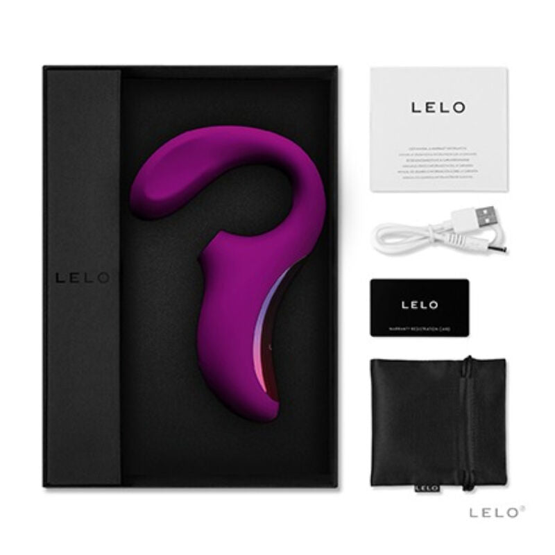 Coffret Lelo Enigma fuchsia ouvert avec notice, cable de charge, carte de garantie et pochette noire, masseur double sonique clitoris et point G en silicone a facade iridescente.