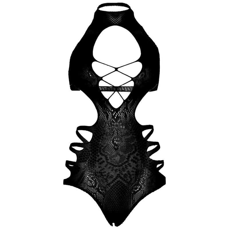 Body noir Leg Avenue presente a plat : laçage central, decoupes laterales et maille dentelle ajouree, col montant, sans modele.