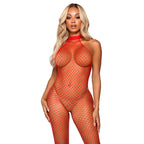 Bodystocking resille col nageur rouge Leg Avenue de face : maille filet transparente moulant tout le corps, coloris vif et audacieux.