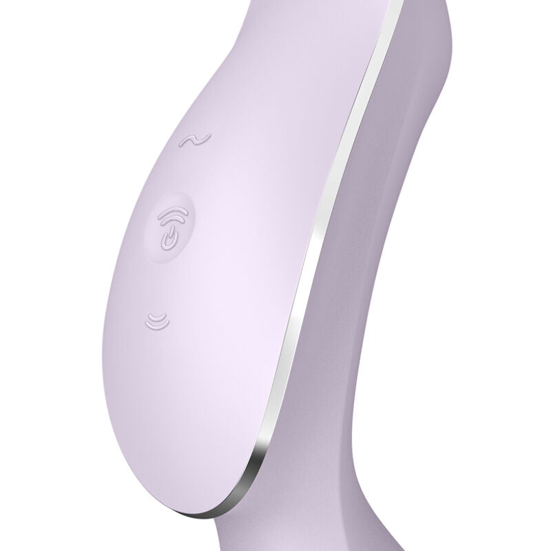 Stimulateur Curvy Trinity 2 mauve en silicone à corps incurvé et boutons de commande, vue de face, double technologie air pulse et vibrations point G, mode murmure étanche Satisfyer
