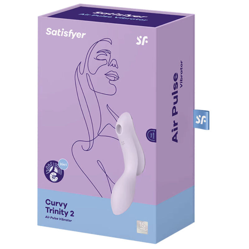 Boîte Satisfyer Curvy Trinity 2 mauve avec illustration au trait d'un visage, stimulateur air pulse mauve figuré sur l'emballage Air Pulse Vibrator, triple stimulation