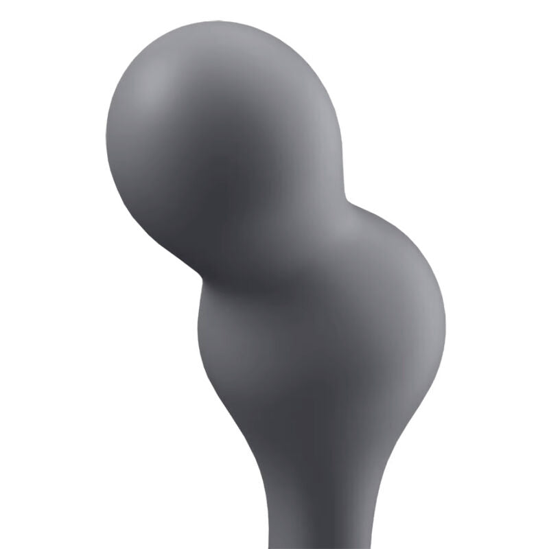 Gros plan du double bulbe arrondi d'un plug anal Deep Diver gris en silicone, vue rapprochée de la structure sphérique, connecté app gratuite, moteur vibrant étanche Satisfyer
