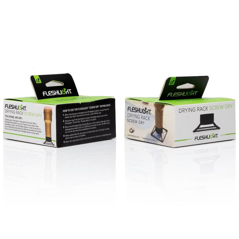 Boites du support de sechage Screw Dry Fleshlight, packaging vert et blanc presentant la base en aluminium qui se visse a la place du capuchon.