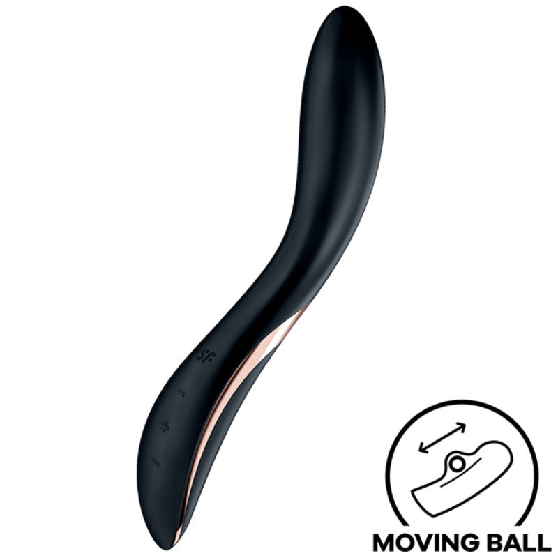 Vibromasseur point G Satisfyer noir à boule mobile interne, corps sinueux en silicone avec liseré doré. Pictogramme Moving Ball, deux moteurs et rotation.