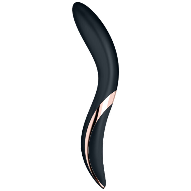Vibromasseur point G en silicone noir vu de profil, courbe ergonomique et liseré cuivré. Boule interne mobile et vibrations, rechargeable et étanche IPX7.