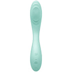 Vibromasseur point G vert d'eau présenté de face, commandes sur la poignée et boule interne mobile. Deux moteurs, silicone médical, rechargeable USB.