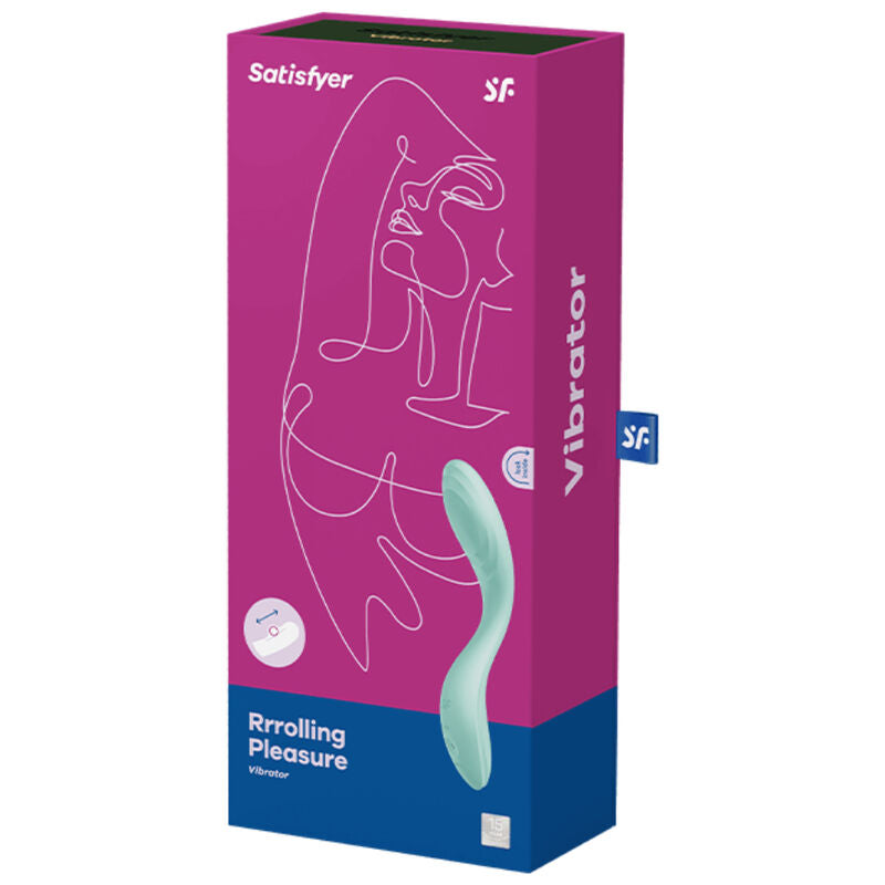 Boite Rrrolling Pleasure Satisfyer fuchsia, illustration au trait stylisée et le vibromasseur point G vert. Boule mobile interne, 12 modes, étanche.
