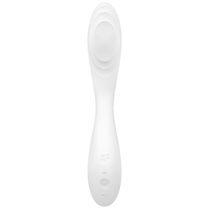 Vibromasseur point G blanc présenté de face, boutons de commande sur la poignée et boule interne mobile. Silicone soyeux, 12 modes, étanche IPX7.