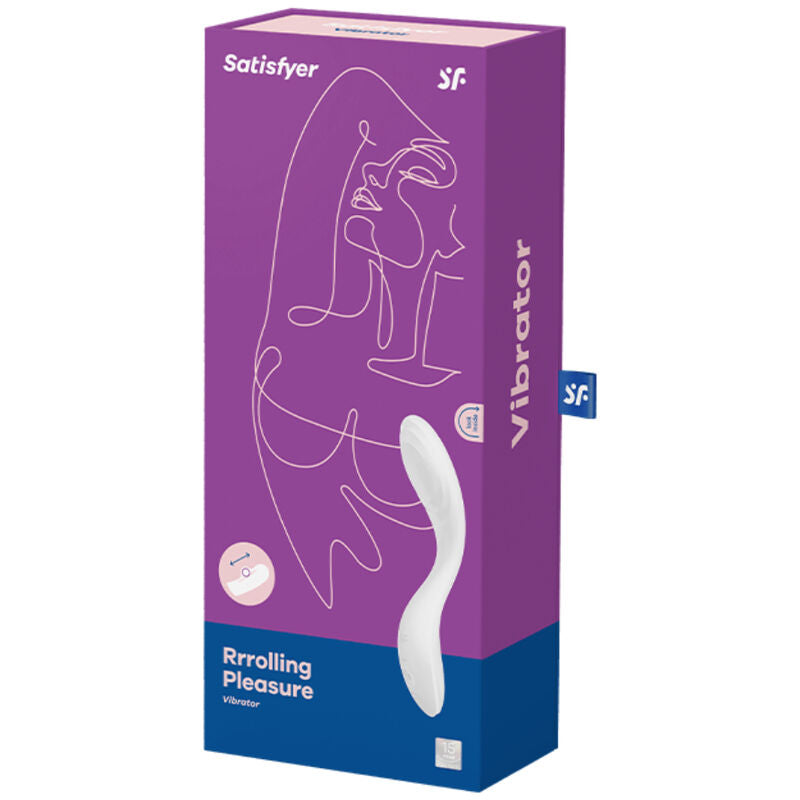 Boite Rrrolling Pleasure Satisfyer violette, illustration au trait et vibromasseur point G blanc. Boule mobile interne, double moteur, rechargeable USB.