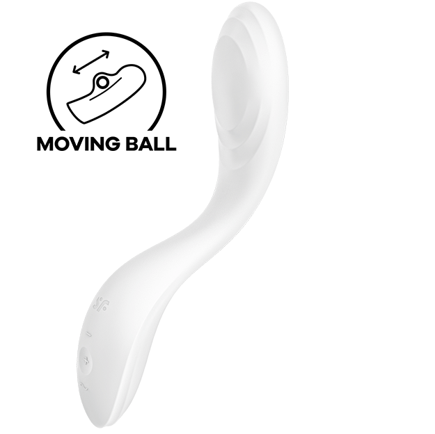 Vibromasseur point G blanc à boule mobile interne, courbe sinueuse en silicone. Pictogramme Moving Ball, deux moteurs et vibrations, étanche IPX7 rechargeable.
