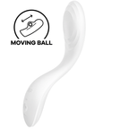 Vibromasseur point G blanc à boule mobile interne, courbe sinueuse en silicone. Pictogramme Moving Ball, deux moteurs et vibrations, étanche IPX7 rechargeable.