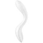 Vibromasseur point G blanc vu de profil, tige courbée en silicone à pointe arrondie. Boule mobile interne, deux moteurs réglables, rechargeable et étanche.