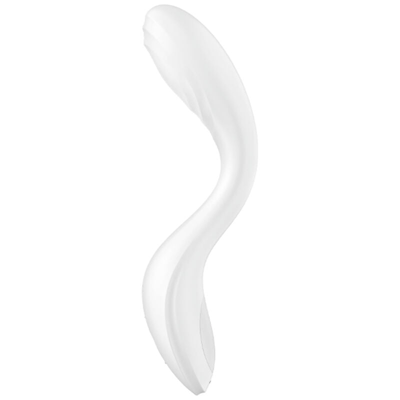 Vibromasseur point G blanc vu de profil, tige courbée en silicone à pointe arrondie. Boule mobile interne, deux moteurs réglables, rechargeable et étanche.