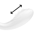 Gros plan du vibromasseur point G blanc, flèche montrant le déplacement de la boule interne. Silicone médical doux, stimulation roulante du point G.