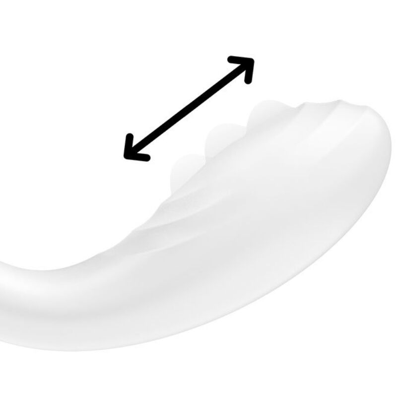 Gros plan du vibromasseur point G blanc, flèche montrant le déplacement de la boule interne. Silicone médical doux, stimulation roulante du point G.