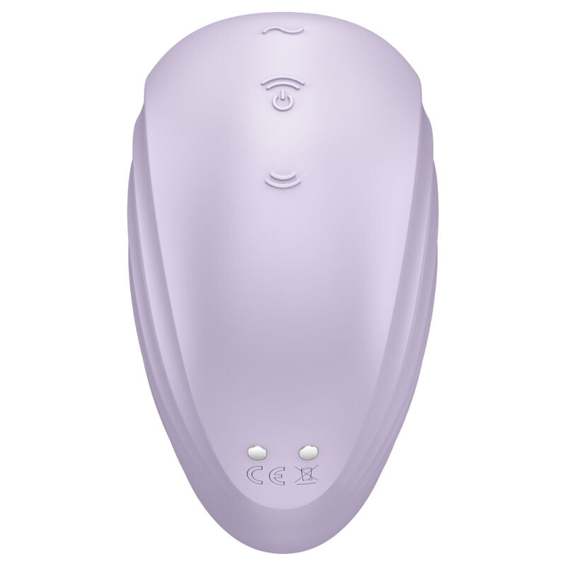 Stimulateur clitoridien Pearl Diver lilas vu de dos, boutons de commande et indicateurs. Air pulsé et vibration deux-en-un, silicone médical étanche IPX7.