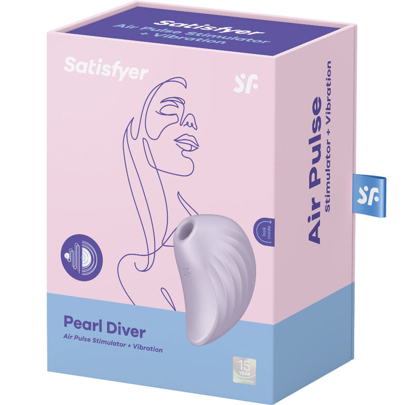 Boite Air Pulse Pearl Diver Satisfyer rose, illustration au trait stylisée et stimulateur lilas. Aspiration clitoridienne et vibration, silicone médical.