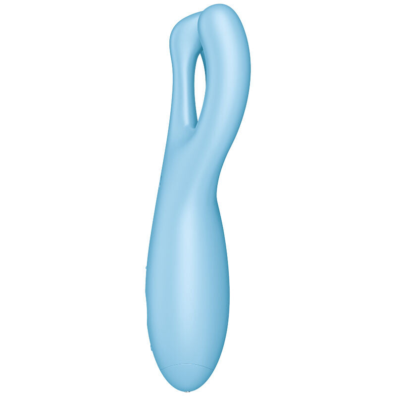 Vibromasseur Threesome 4 bleu de profil, deux bras souples formant boucle en silicone doux. Multifonction connecté pour le clitoris et les lèvres, étanche.