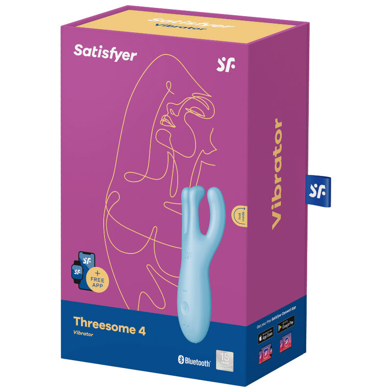 Boite Threesome 4 Satisfyer fuchsia, illustration au trait stylisée et vibromasseur trois bras bleu. Bluetooth, silicone doux, multifonction clitoridien.