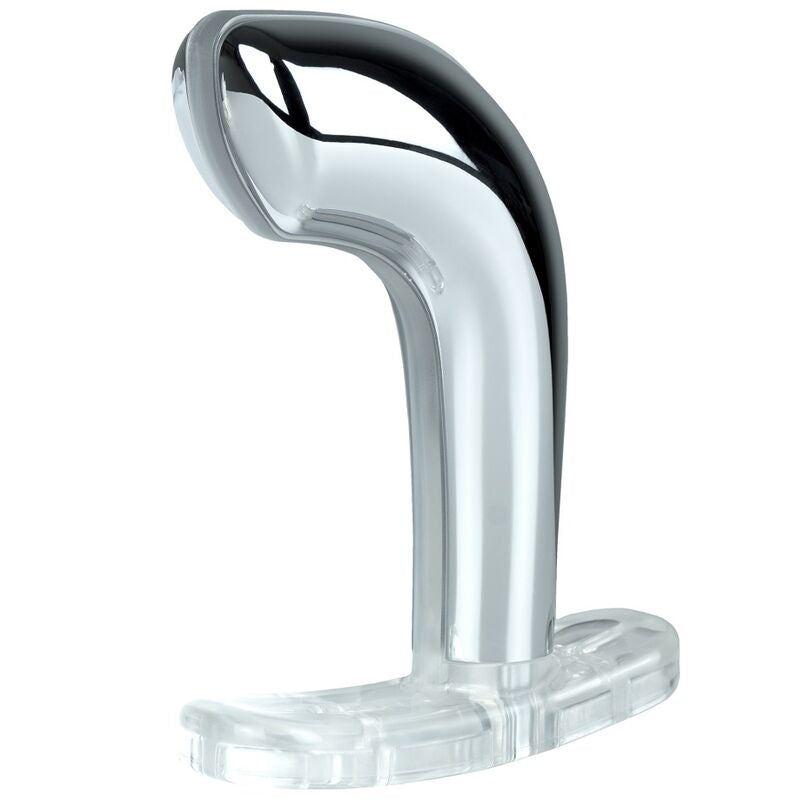 Masseur de prostate Rogue ElectraStim en metal chrome a squelette transparent, design courbe asymetrique demontable, accessoire e-stim lourd pour stimulation interne.