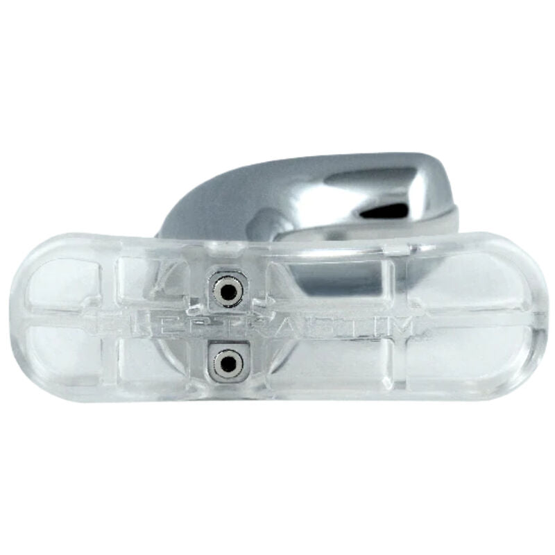 Vue de la base transparente du masseur de prostate Rogue ElectraStim, embout metallique chrome et contacts visibles, unite e-stim demontable en trois parties.