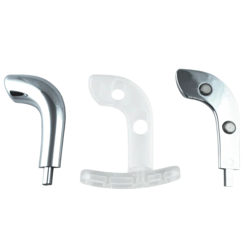 Les trois pieces demontees du masseur de prostate Rogue ElectraStim, tete metallique chromee et support transparent, conception modulaire pour electrostimulation.