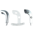 Les trois pieces demontees du masseur de prostate Rogue ElectraStim, tete metallique chromee et support transparent, conception modulaire pour electrostimulation.
