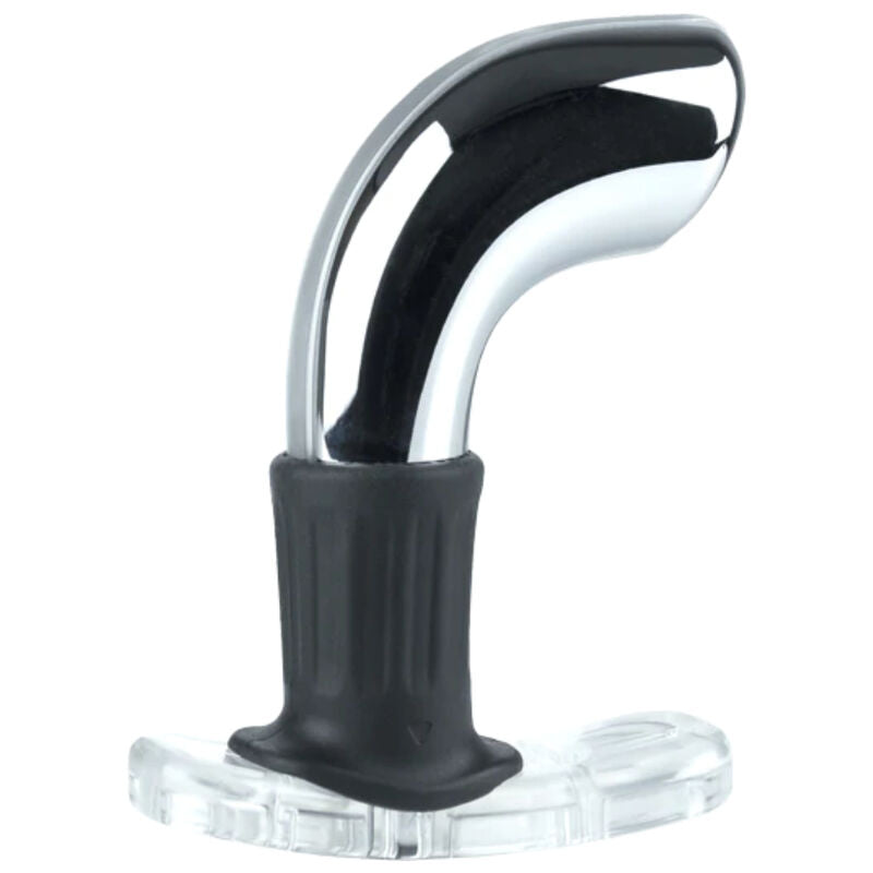 Masseur de prostate Rogue ElectraStim en metal chrome et noir pose sur sa base transparente, tige courbe asymetrique e-stim de 260 g pour stimulation prostatique.