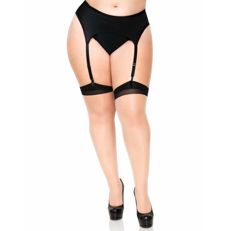 Bas transparents bicolores nude et noir avec porte-jarretelles vus de face, ceinture et jarretelles sur silhouette en escarpins, couture arriere et talon cubain
