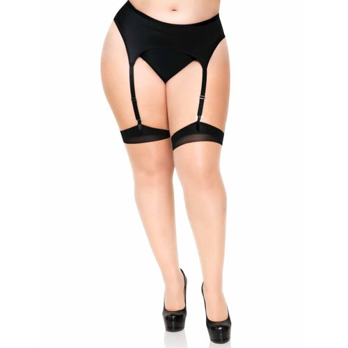Bas transparents bicolores nude et noir avec porte-jarretelles vus de face, ceinture et jarretelles sur silhouette en escarpins, couture arriere et talon cubain