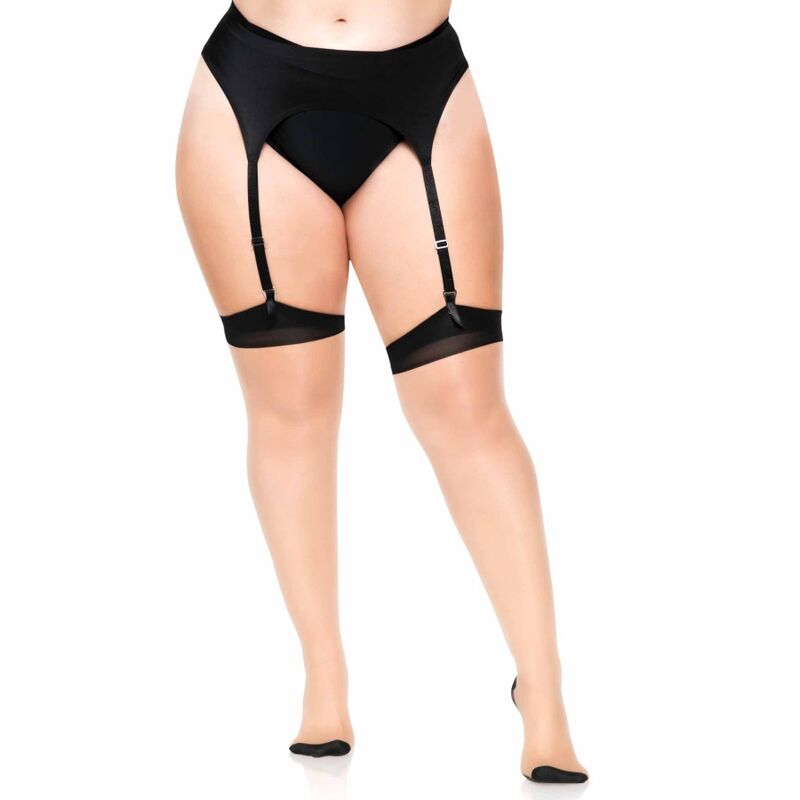 Bas transparents bicolores nude et noir avec porte-jarretelles de trois quarts, jarretelles sur cuisses galbees en escarpins, couture retro et talon cubain