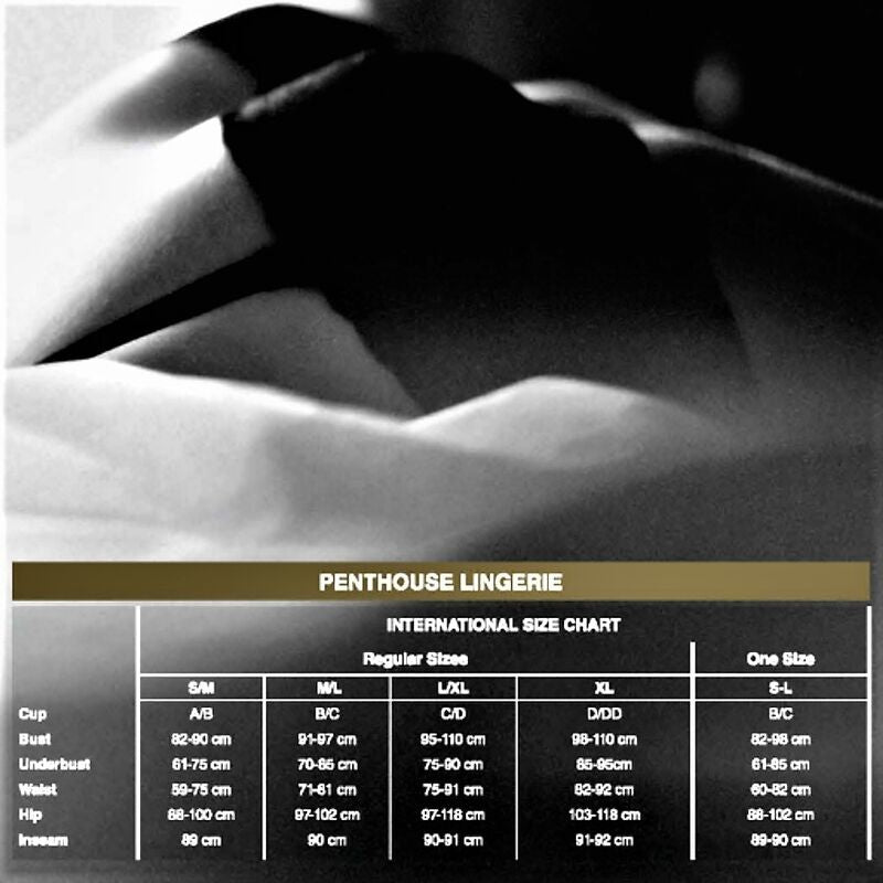 Tableau international des tailles Penthouse Lingerie du string dentelle rouge a laçage, grille des bonnets et mensurations en centimetres du S/M au XL.