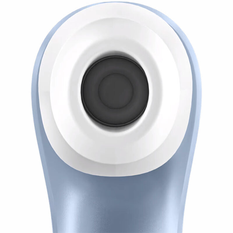 Gros plan sur la tête d'aspiration du Pro 2 bleu, embout blanc et orifice d'air pulsé. Ondes de pression enveloppant le clitoris sans frottement, 11 intensités.