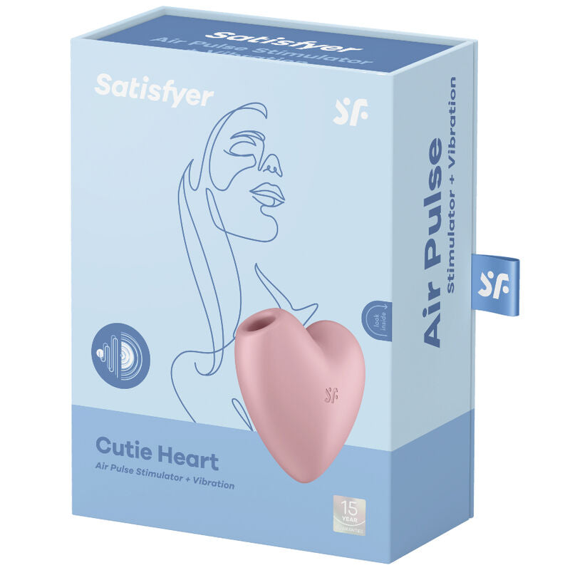 Boite bleue du Satisfyer Cutie Heart, illustration stylisée d'un visage, stimulateur clitoridien rose en silicone, air pulse et vibration combinés.