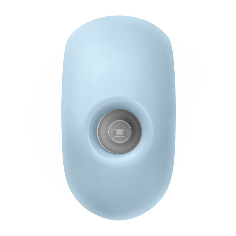 Stimulateur Sugar Rush bleu vu de face avec bouton central, forme compacte en silicone doux, ondes de pression air pulse pour le clitoris.