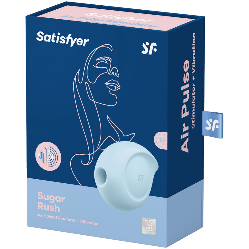 Boite bleu foncé Satisfyer Sugar Rush, visage illustré au trait, stimulateur clitoridien rose en silicone, air pulse et vibration combinés.