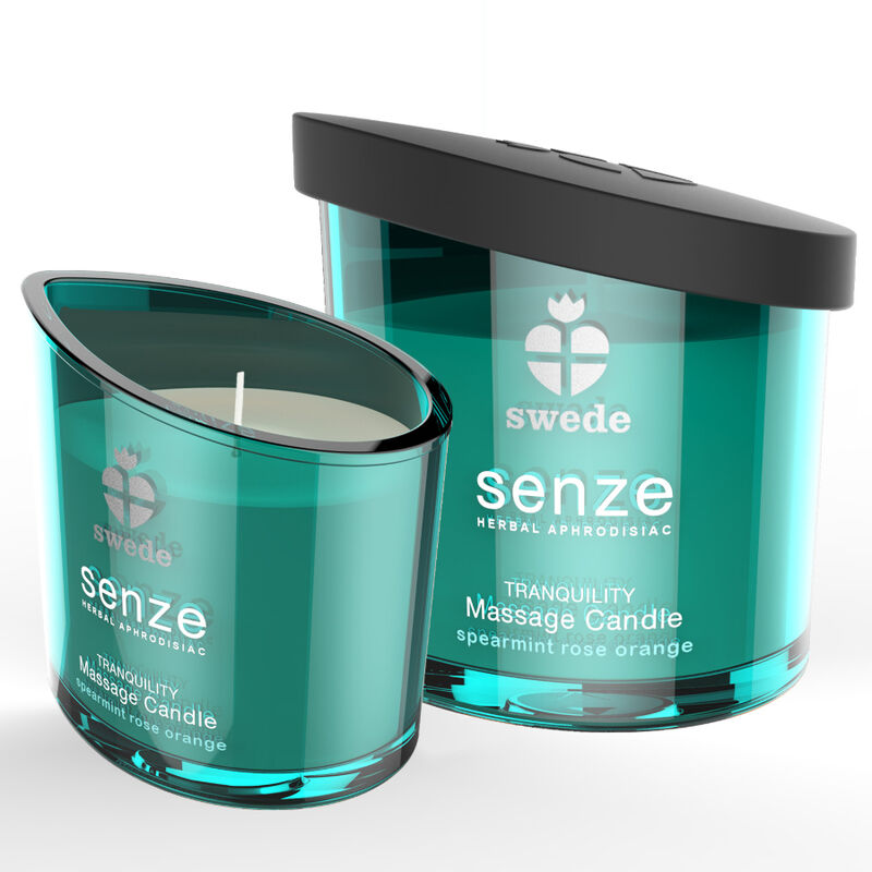 Bougie de massage Swede Senze Tranquillite menthe rose orange, gros plan du verre teal allume a cote de son couvercle, cire naturelle bio aux huiles essentielles.