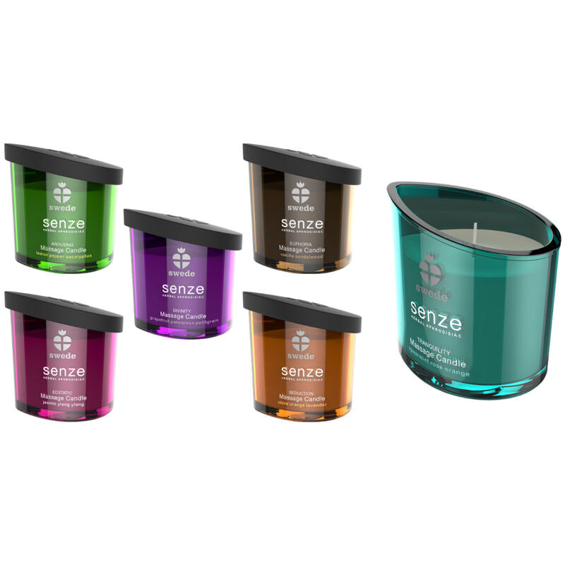 Assortiment de bougies de massage Senze en petits pots multicolores aligne devant un pot teal, presentation des parfums bio aux huiles essentielles.