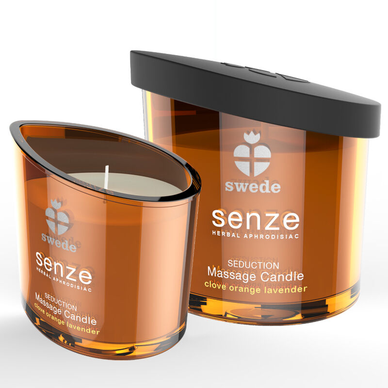 Bougie de massage Senze Seduction girofle orange lavande, verre ambre allume pres de son couvercle noir, cire naturelle au beurre de karite, format 50 ml.